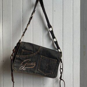 Vintage Y2K Guess Denim Shoulder Bag Spell Out Logo Rhinestones FLAW READ Brass